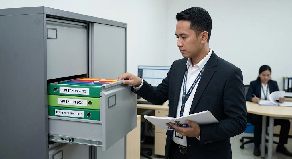 Auditor keuangan mudah menemukan dokumen SPJ yang rapi dalam lemari arsip besi saat pemeriksaan