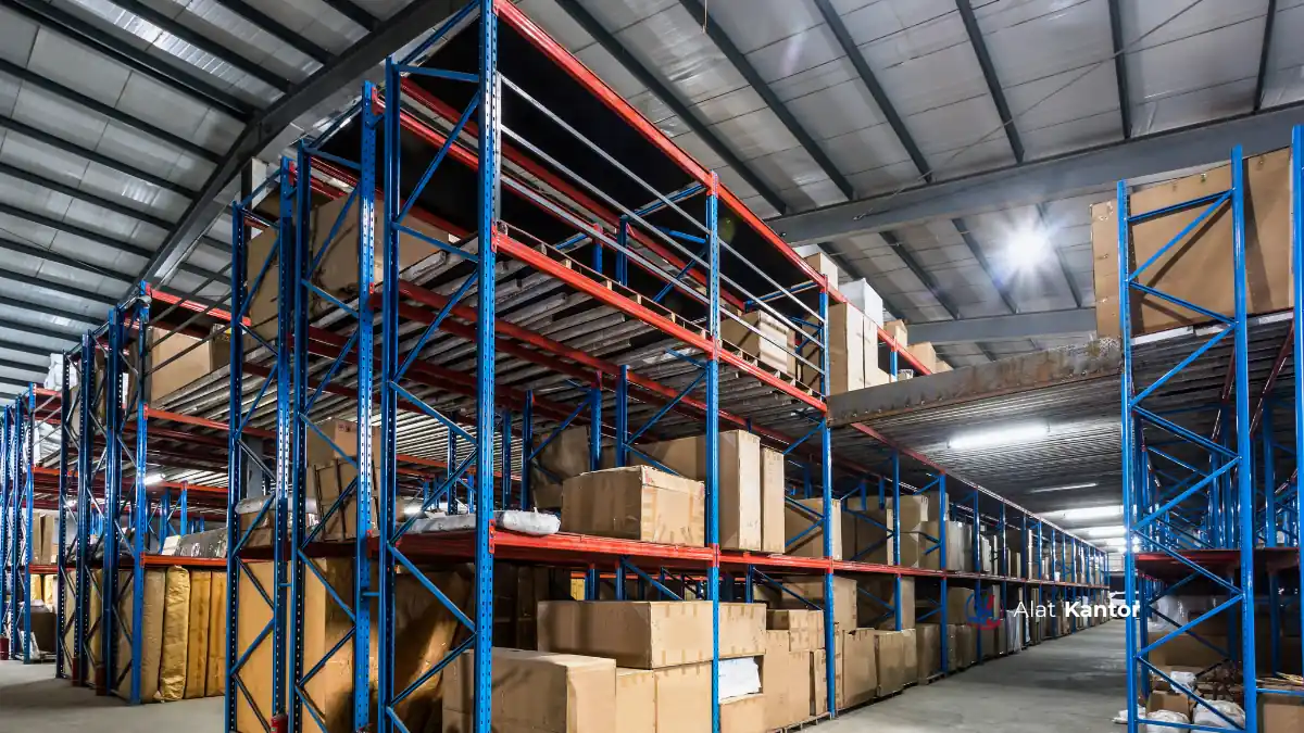 Tumpukan stok alat tulis kantor grosir siap distribusi ke instansi