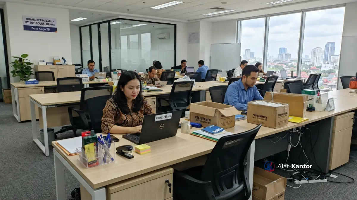 Ruang kantor baru dengan furniture dan alat tulis kantor hasil paket pengadaan
