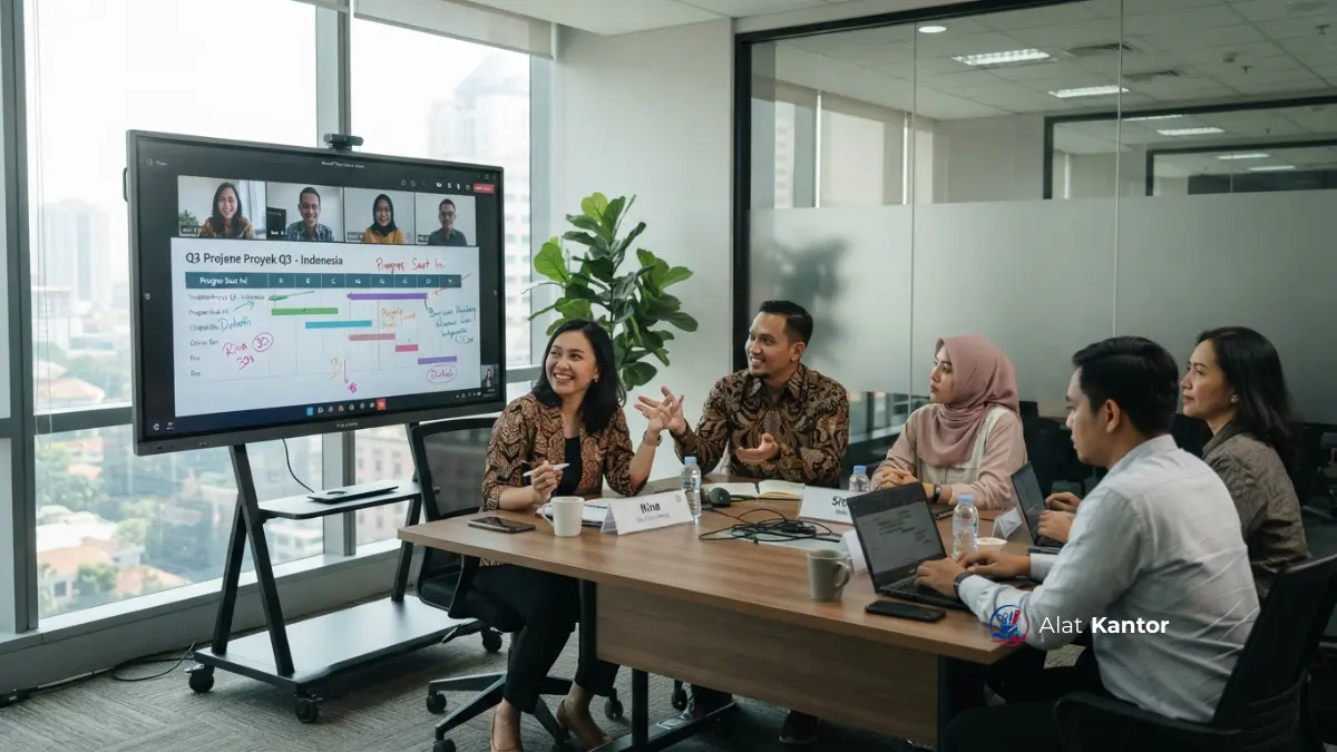 Smart board interactive flat panel digunakan dalam rapat hybrid kantor